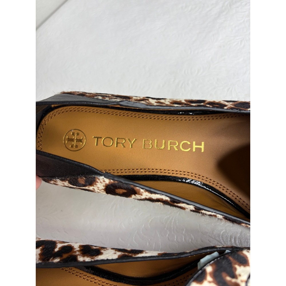 Tory Burch Charm Leopard Calf Hair Loafers Black Leather Trim Logo Bow Flats 8M‎ - Picture 4 of 10